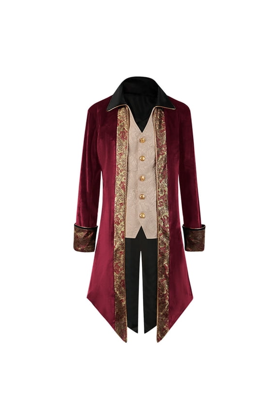 Mens Trench Coat Casual Gothic Coat Printed Steampunk Medieval Tailcoat Uniform Lapel Coat,Red
