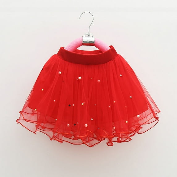 IROINNID Mini Tutu Skirt For Toddler Girls Cute Party Dance Splice Solid Color Net Yarn Crimping Pearl Sequins Tulle Skirt, Red