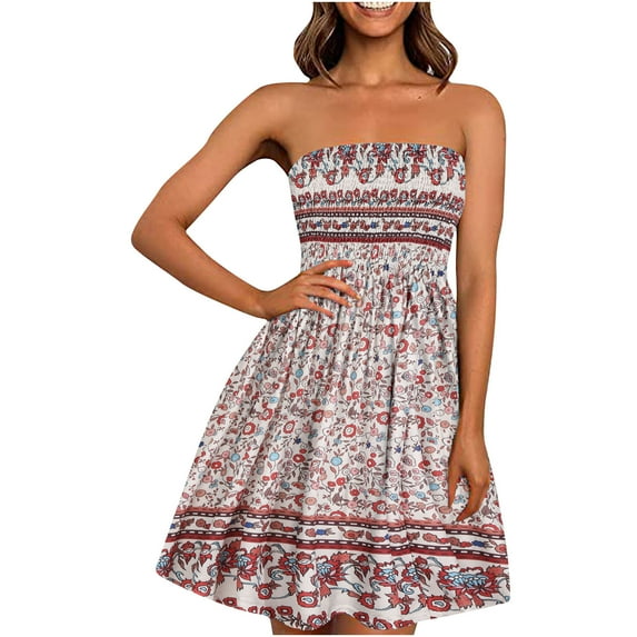 IROINNID Off-The-Shoulder Dress For Women Sleeveless Bohemian Style Strapless Elastic Band Dress Floral Prints Knee-Length A-Line Dress