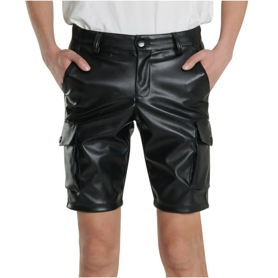 IROINNID Athletic Shorts for Men Pure Color Outdoors Pocket Beach Leather Trousers Trouser Cargo Shorts Pant,Black