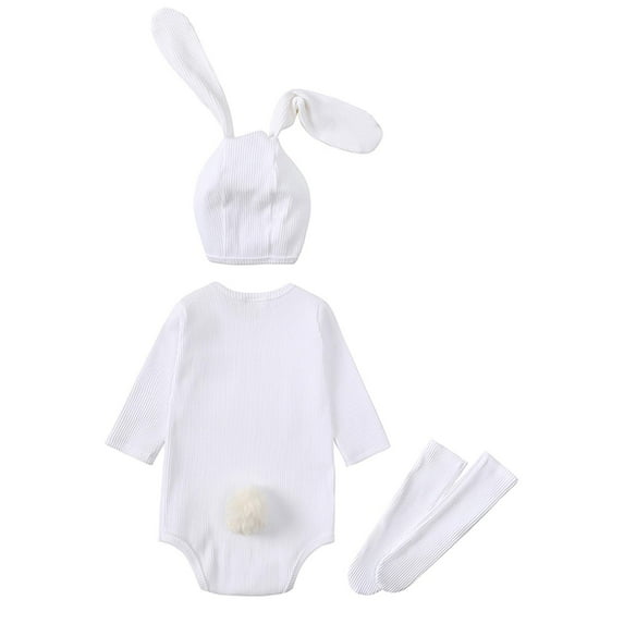 IROINNID On Sale Baby Bodysuit Long Sleeve Spring Baby Girls Boys Cute Rabbit Romper Button Sweatshirt Jumpsuits With Hat And Socks,White