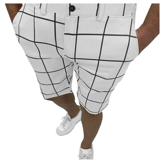 IROINNID On Sale Bermuda Shorts for Men Plaid Five-point Pants Suit Shorts Have Pockets Button Pants,White