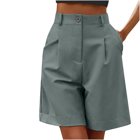 IROINNID Bermuda Shorts for Women Solid Color Button Pocket Five Point Straight Barrel Pants,Gray