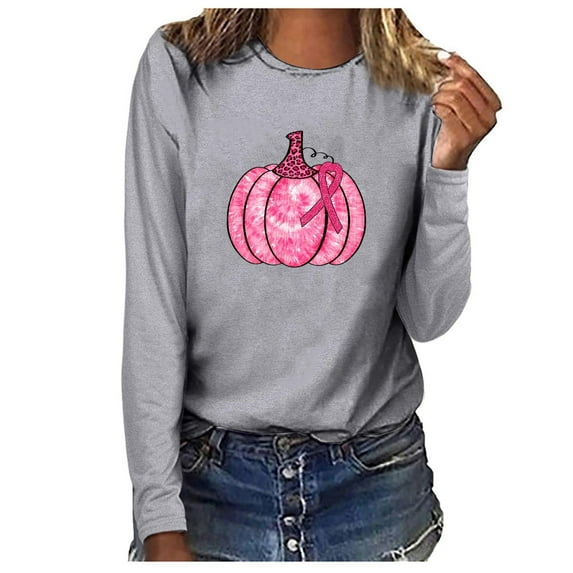 IROINNID On Sale Breast Cancer Pullover for Women Breast Cancer Awareness Comfy O-Neck Printing Loose Long Sleeve Tops,Gray