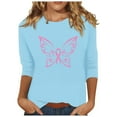 thumbnail image 1 of IROINNID On Sale Breast Cancer Pullover for Women Breast Cancer Awareness Comfy Printed Loose T-shirt 3/4 Sleeves Blouse Round Neck Tops,Sky Blue, 1 of 5