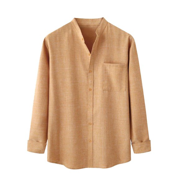 IROINNID On Sale Button Down Shirts for Men Autumn And Winter Stand Collar Long Sleeve Solid Color Cotton Linen Shirt Top,Brown