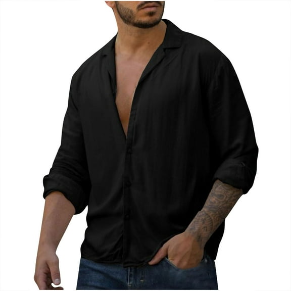 IROINNID Button Down Shirts for Men Home Vintage Pure Color Button Linen Solid Shirt Tops Blouse,Black
