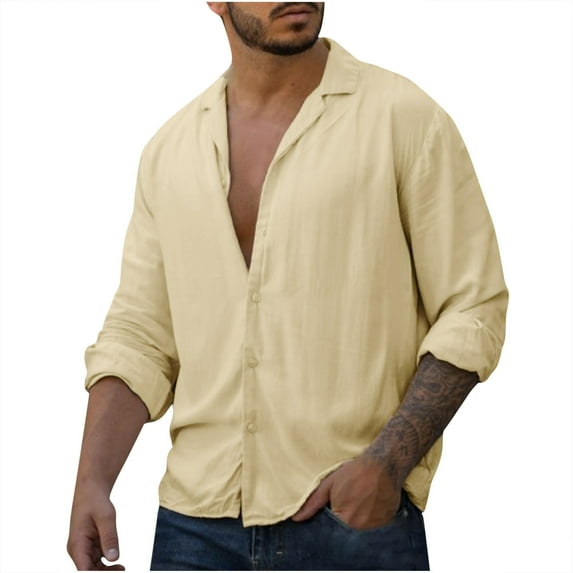 IROINNID On Sale Button Down Shirts for Men Home Vintage Pure Color Button Linen Solid Shirt Tops Blouse,Khaki