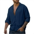 thumbnail image 1 of IROINNID On Sale Button Down Shirts for Men Home Vintage Pure Color Button Linen Solid Shirt Tops Blouse,Navy, 1 of 6