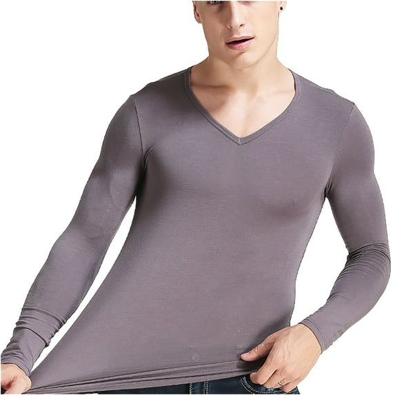 IROINNID On Sale Button Down Shirts for Men Slim Thin Thermal Underwear V Neck Autumn Clothes Breathable Basic Bottoming Shirt,Gray