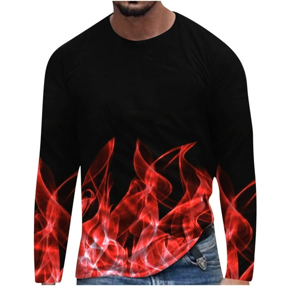 IROINNID On Sale Button Up Shirts for Men New Flame Long Sleeve 3D Printing T-shirt Loose Round Neck Pullover Undercoat Top Blouses & Shirts,Red