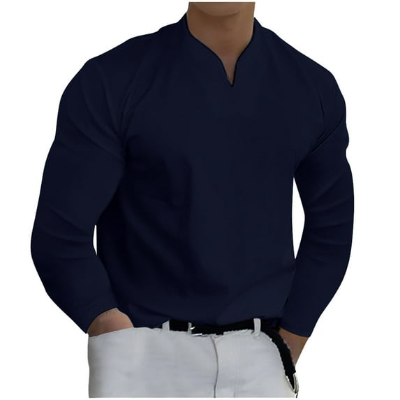 IROINNID On Sale Button Up Shirts for Men Shirt Solid Color Long Sleeve V-Neck Pullover Blouse Tops,Navy