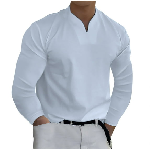 IROINNID On Sale Button Up Shirts for Men Shirt Solid Color Long Sleeve V-Neck Pullover Blouse Tops,White