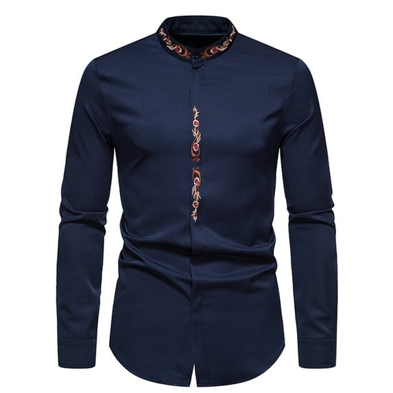 IROINNID On Sale Button Up Shirts for Men Stand Collar Button-down Embroidery Shirt Long Sleeve Shirt,Navy