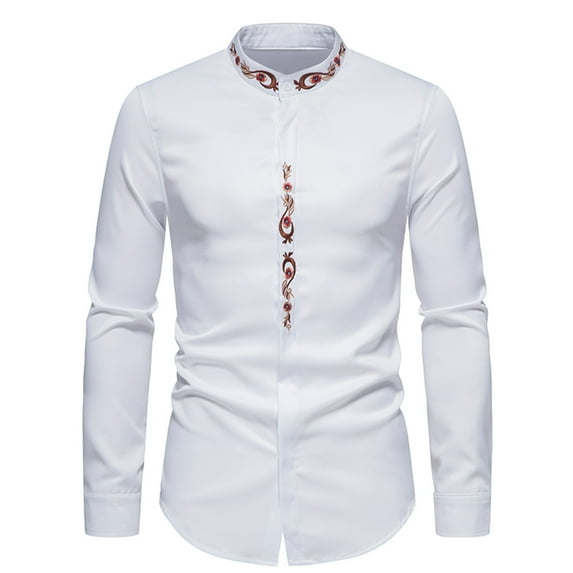 IROINNID On Sale Button Up Shirts for Men Stand Collar Button-down Embroidery Shirt Long Sleeve Shirt,White