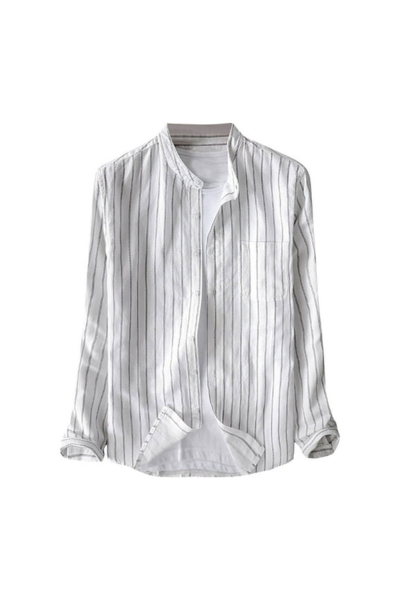 Button Up Shirts for Men Striped Cotton Linen Shirt Long Sleeved Standing Collar Button Up Shirt able Shirt Top Blouse,White