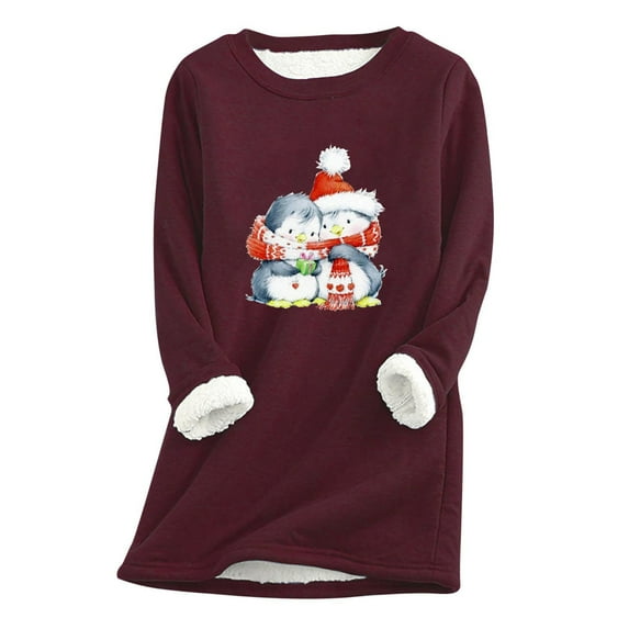 IROINNID On Sale Christmas Sweatshirts for Women Ladies Winter Plus Fleece Warm Christmas Print Long Top Sweatshirts,Burgundy