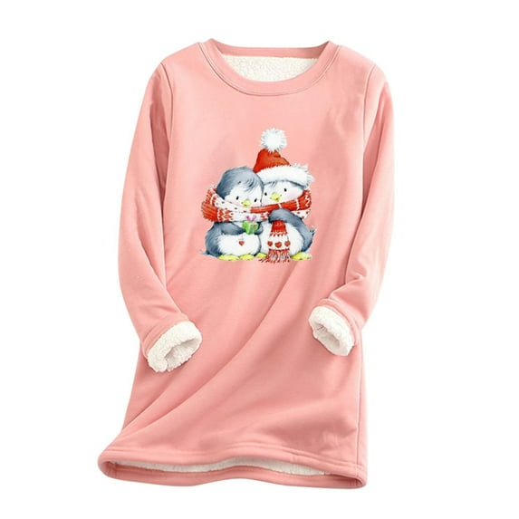 IROINNID Christmas Sweatshirts for Women Ladies Winter Plus Fleece Warm Christmas Print Long Top Sweatshirts,Pink