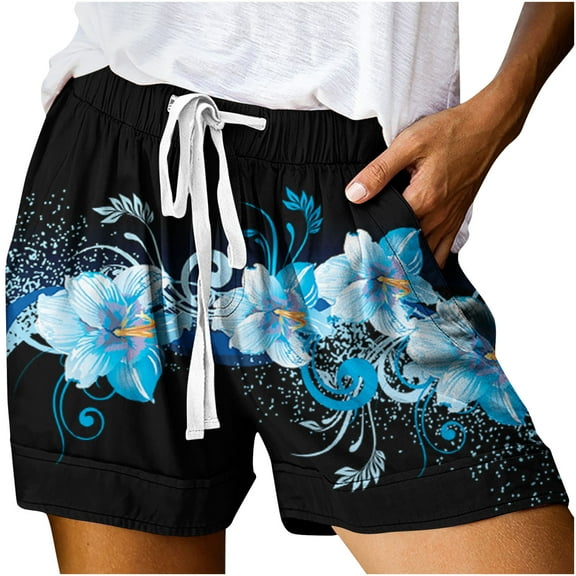 IROINNID Drawstring Shorts for Women Summer (Not Positioned) Printed Multi Pocket Lace Up Shorts Pants,Black