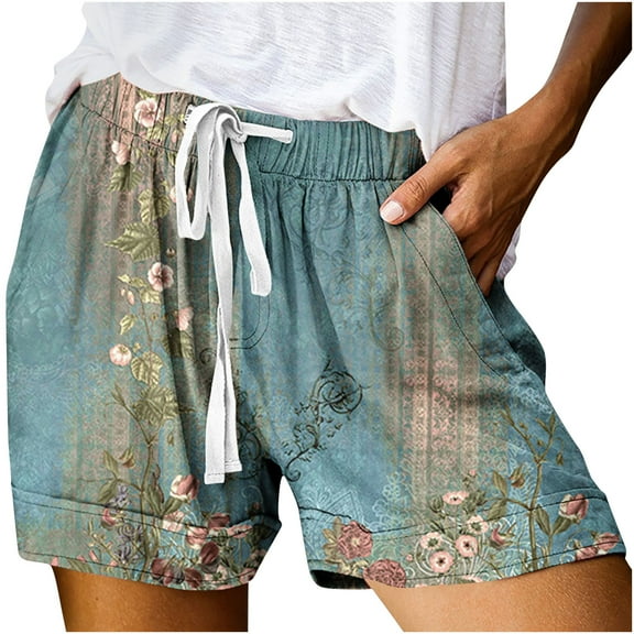 IROINNID Drawstring Shorts for Women Summer (Not Positioned) Printed Multi Pocket Lace Up Shorts Pants,Blue