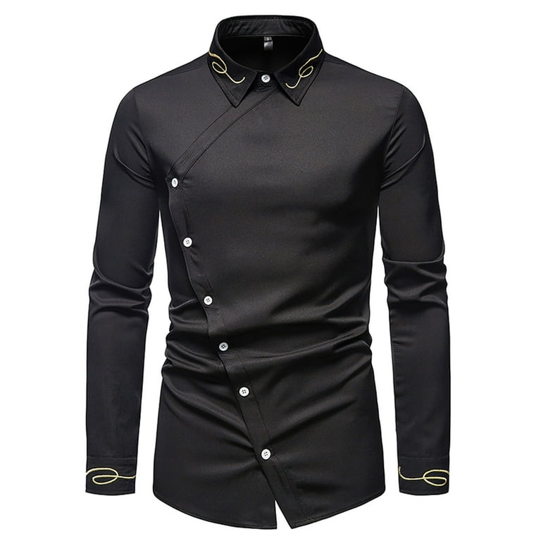 IROINNID On Sale Long Sleeve Pullover Shirts for Men Loose Embroidered  Asymmetric Shirt Denim Shirt,Black 