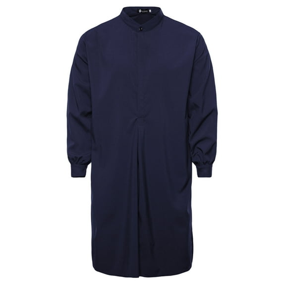 IROINNID On Sale Men's Muslim Robe Arab Middle Robe Long Style Long Sleeve Standing Neck Pocket Long Shirt Robe,Navy