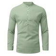 thumbnail image 1 of IROINNID On Sale Mens Pullover Shirts Long Sleeve Cotton Linen Shirt Pullover Stand-up Collar Solid Beach T-Shirt,Green, 1 of 4