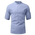 thumbnail image 1 of IROINNID On Sale Mens Pullover Shirts Long Sleeve Cotton Linen Shirt Pullover Stand-up Collar Solid Beach T-Shirt,Light Blue, 1 of 4