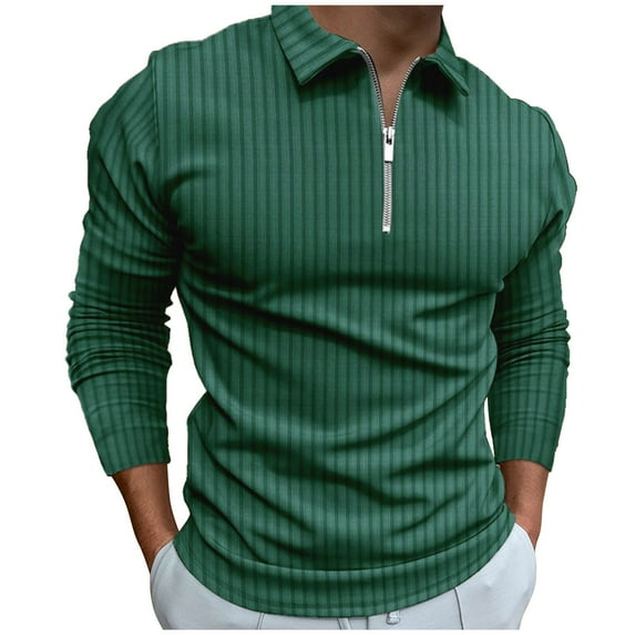 IROINNID On Sale Mens Pullover Shirts Long Sleeve Solid Turndown Pullover Zipper High Elastic Blouse,Green