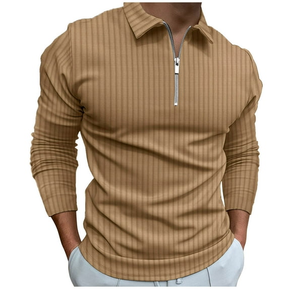 IROINNID On Sale Mens Pullover Shirts Long Sleeve Solid Turndown Pullover Zipper High Elastic Blouse,Khaki