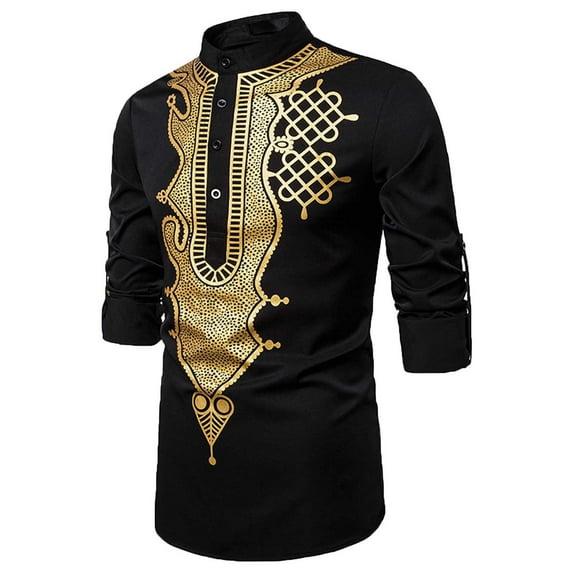 IROINNID On Sale Mens Pullover Shirts Long Sleeve Totem d Muslim Vintage Printing Blouse Shirt,Black