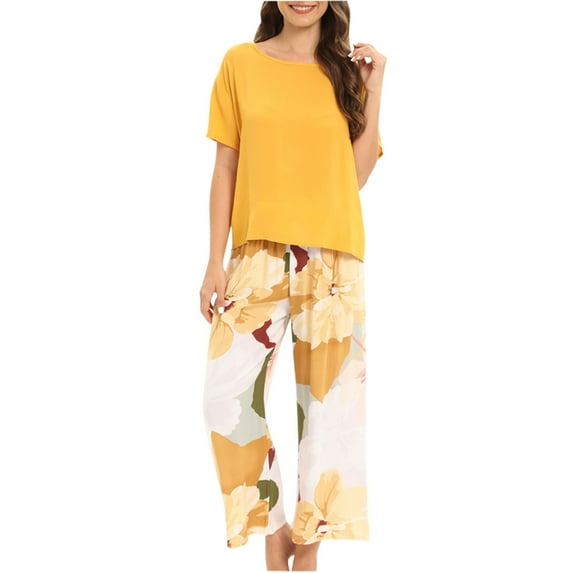 IROINNID On Sale Pajamas for Women Round- Neck Pajamas Long Sleeve Household Sets Sleepwear,Yellow