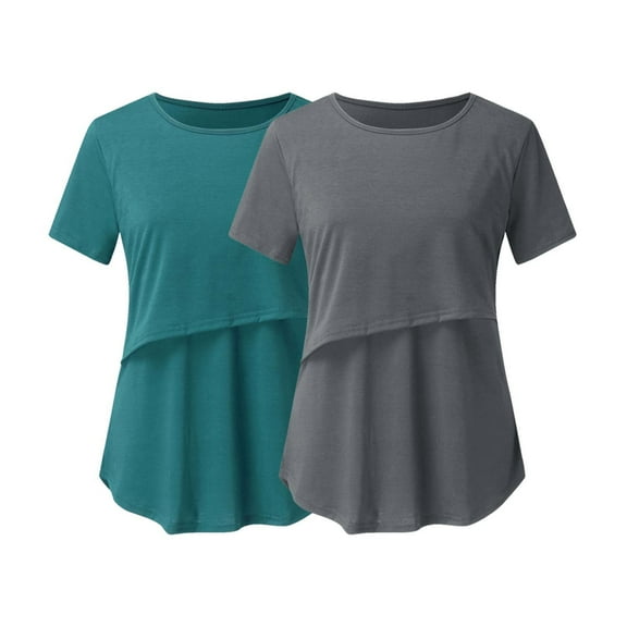 IROINNID Plain Maternity T Shirts for Women Pregnant Nursing Round Neck Short Sleeve Solid Color Breastfeeding Tops Two Pieces,Blue