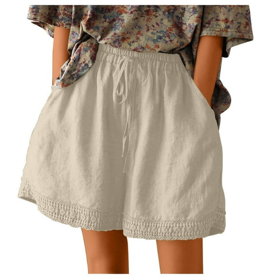 IROINNID Plus Size Cotton Shorts for Women Summer High Waist Linen Short Wide Leg Shorts With Pockets,White
