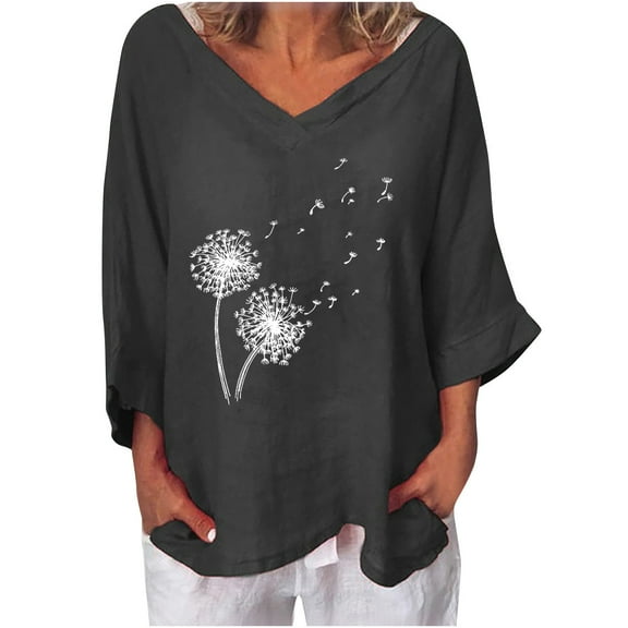 IROINNID Plus Size Shirts for Women Cotton Shirts for Women Comfortable Printed V- Neck Three Quarter Sleeve T-shirt Blouse Loose Tops,Black