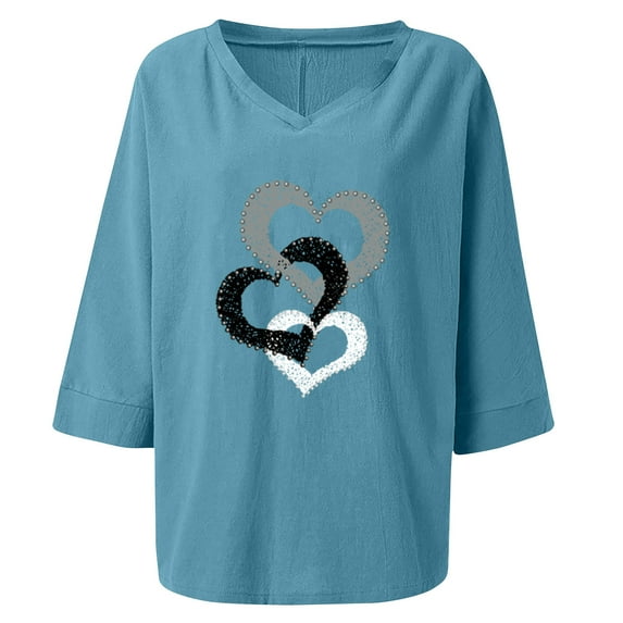 IROINNID On Sale Plus Size Shirts for Women Cotton Shirts for Women Comfortable Printed V- Neck Three Quarter Sleeve T-shirt Blouse Loose Tops,Blue