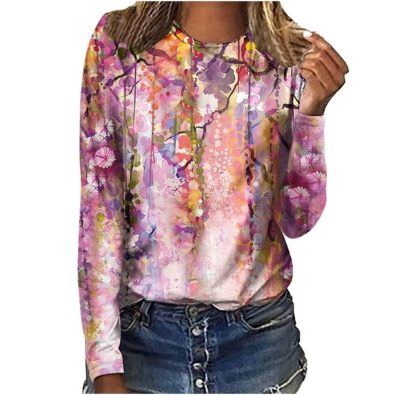IROINNID Polyester Long Sleeve T Shirt for Women Comfortable Ladies Round Neck Loose Tops Print T-Shirts Blouse,Hot Pink
