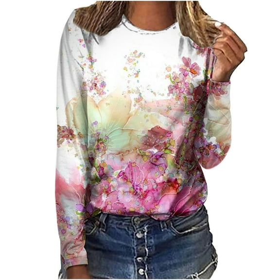 IROINNID Polyester Long Sleeve T Shirt for Women Comfortable Ladies Round Neck Loose Tops Print T-Shirts Blouse,Pink