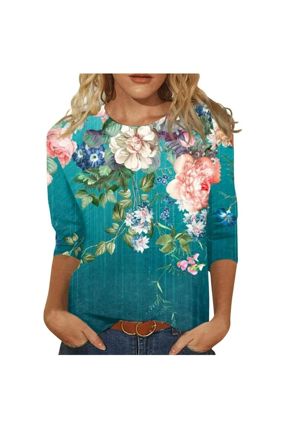 Polyester Long Sleeve T Shirt for Women Comfortable Printed T-shirt Blouse Round Neck Tops,Mint Green