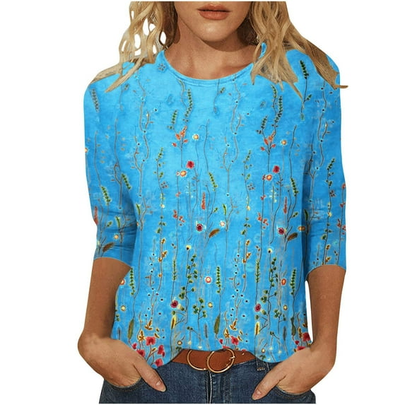IROINNID On Sale Polyester Long Sleeve T Shirt for Women Comfortable Printed T-shirt Mid-length Blouse Round Neck Tops,Blue