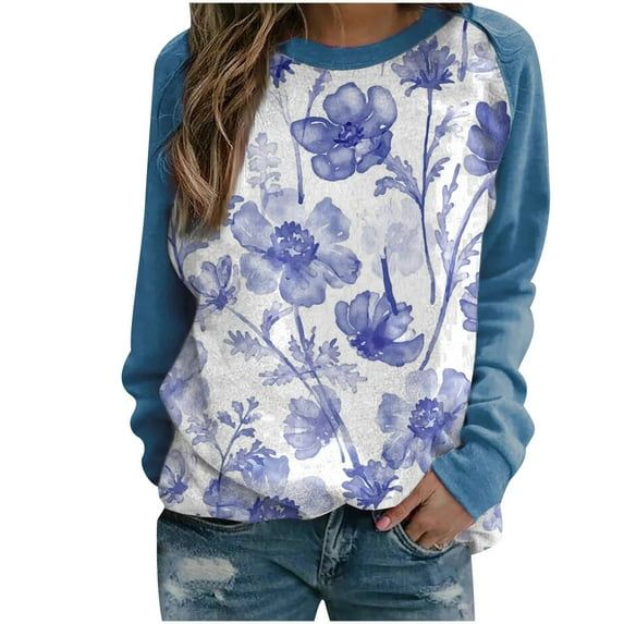 IROINNID On Sale Polyester Long Sleeve T Shirt for Women Comfortable Spring Fall Patchwork Flowers Printed Round Neck Tee Tops,Blue