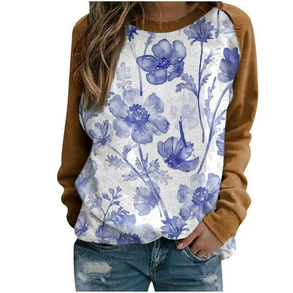 IROINNID On Sale Polyester Long Sleeve T Shirt for Women Comfortable Spring Fall Patchwork Flowers Printed Round Neck Tee Tops,Brown