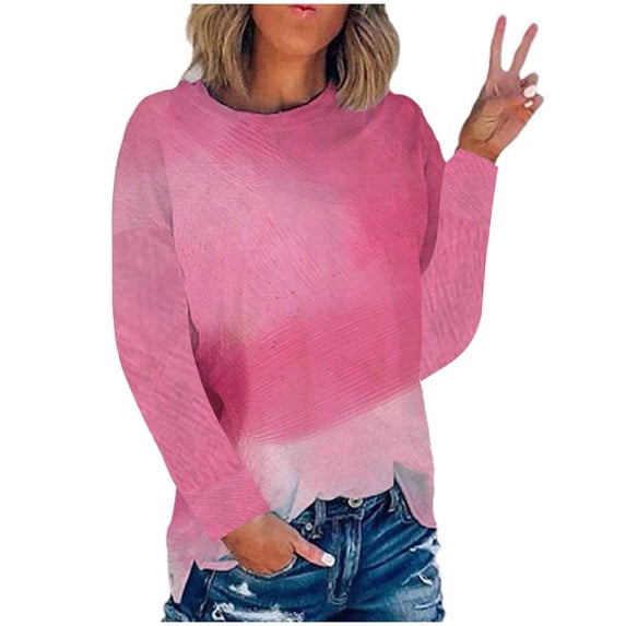 IROINNID On Sale Polyester Long Sleeve T Shirt for Women Comfortable Summer Round Neck Print Outing Blouses Tops,Pink
