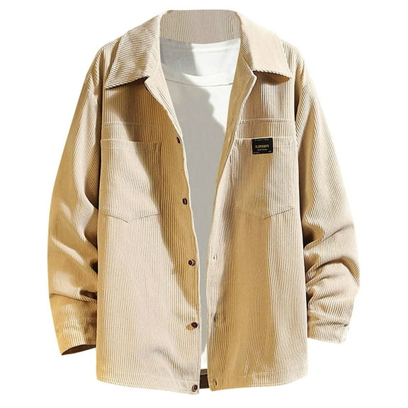 IROINNID Shacket for Men Button Down Leisure Corduroy Double Pocket Cardigan Turndown Collar Long Sleeve Shirt,Khaki