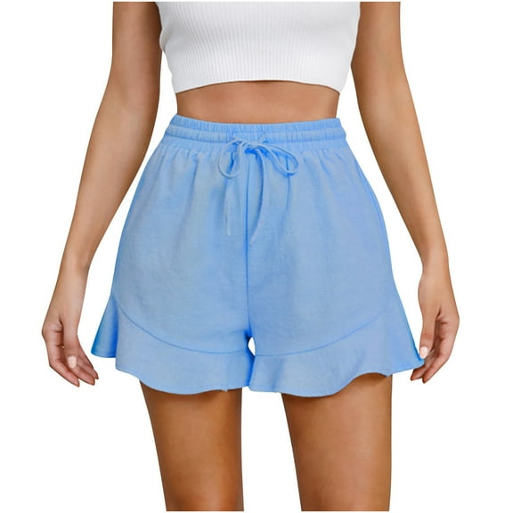 IROINNID Shorts for Women Cotton And Linen Pants With Ruffles Elastic Waist Drawstring Shorts,Light Blue