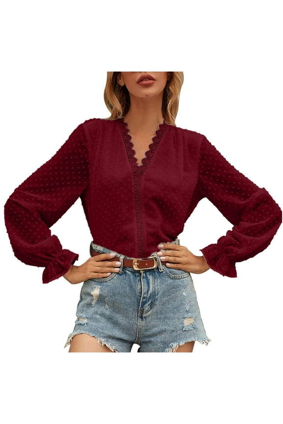 Women's Long Sleeve V-Neck Shirts Comfortable Autumn New Lace V-Neck Long Sleeve Chiffon Shirt Tops,Burgundy