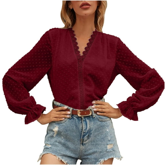 IROINNID Women's Long Sleeve V-Neck Shirts Comfortable Autumn New Lace V-Neck Long Sleeve Chiffon Shirt Tops,Burgundy