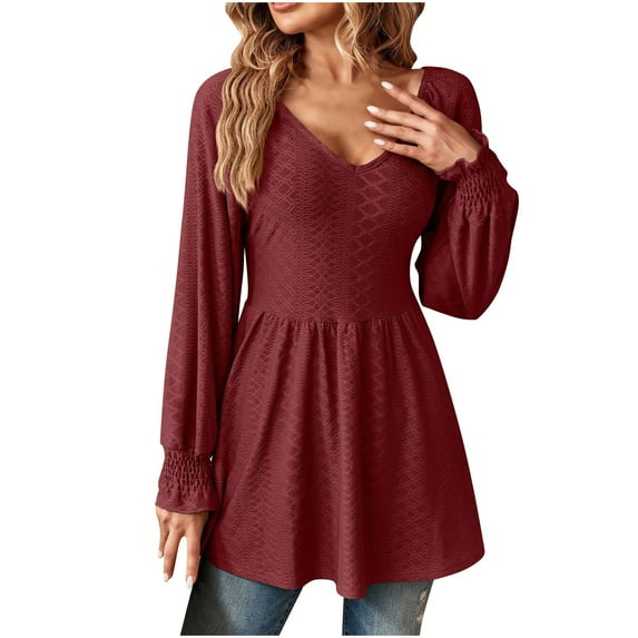 IROINNID On Sale Women's Long Sleeve V-Neck Shirts Comfortable Solid Color V-Neck Pleated Long Sleeve Loose T-shirt Top,Burgundy