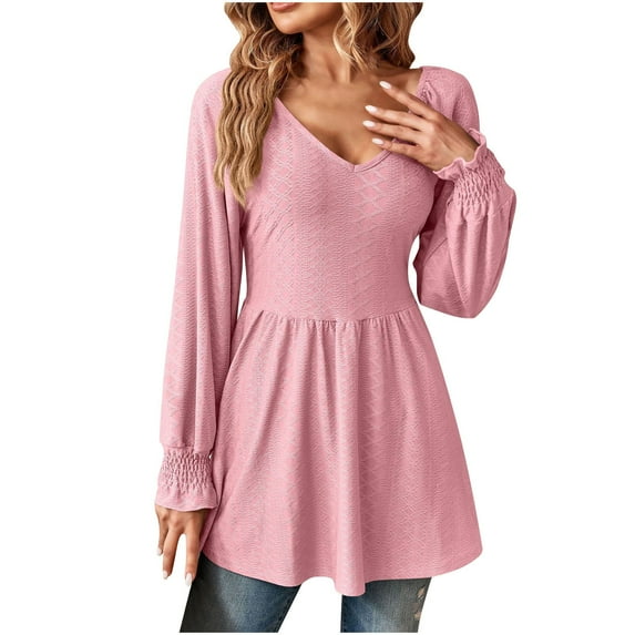 IROINNID Women's Long Sleeve V-Neck Shirts Comfortable Solid Color V-Neck Pleated Long Sleeve Loose T-shirt Top,Pink
