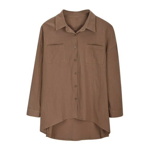 IROINNID On Sale Women's Long Sleeve V-Neck Shirts Comfortable Summer Long Sleeve Blouse Turn Down Collar Solid Tops T-Shirt,Khaki